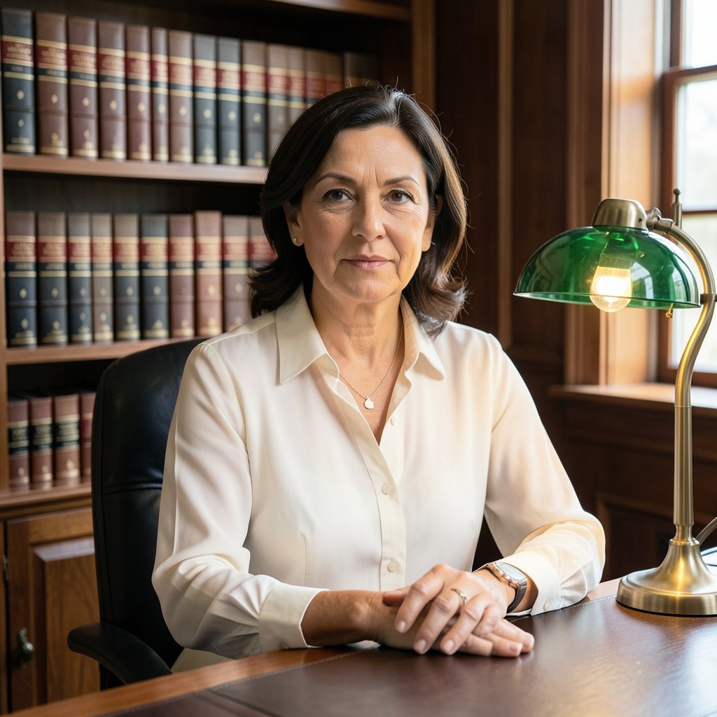 Retrato de Elena Birchfield, consultora laboral senior, en despacho con estantería de libros jurídicos
