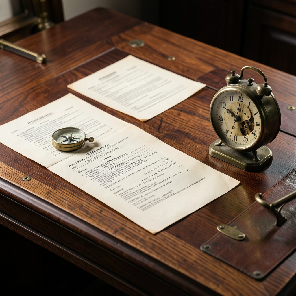 Despacho con documentos contractuales sobre mesa de nogal y detalles en latón